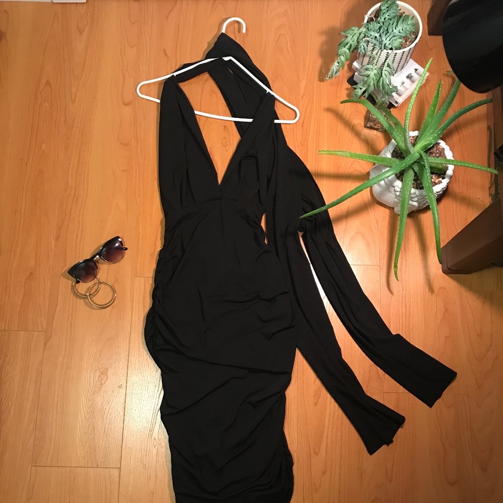 Elegant Black Backless Self-Tie Dress